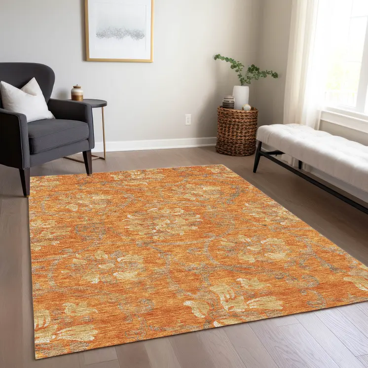 3' X 5' Orange Gray And Beige Floral Washable Indoor Outdoor Area Rug