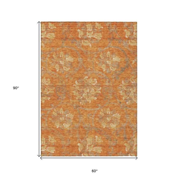 5' X 8' Orange Gray And Beige Floral Washable Indoor Outdoor Area Rug