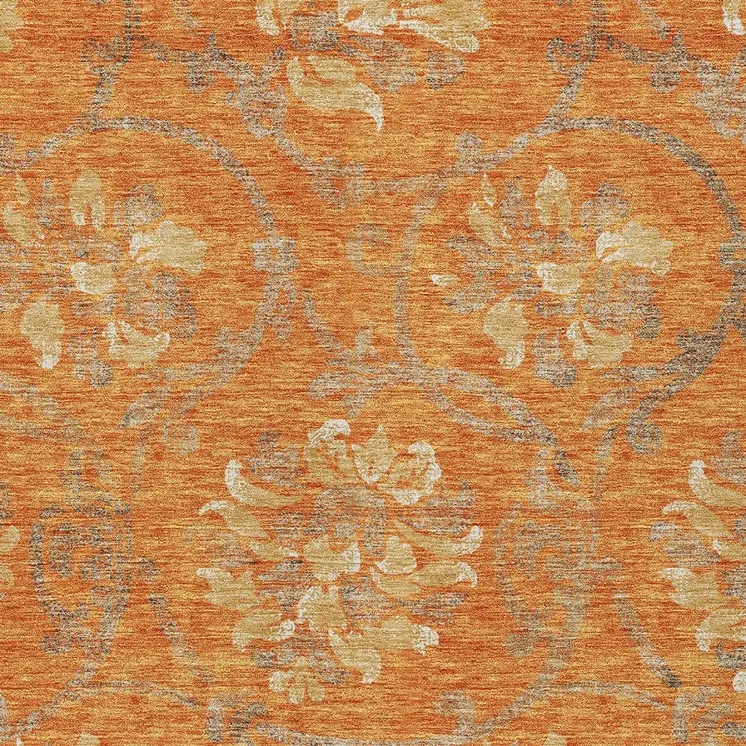 5' X 8' Orange Gray And Beige Floral Washable Indoor Outdoor Area Rug