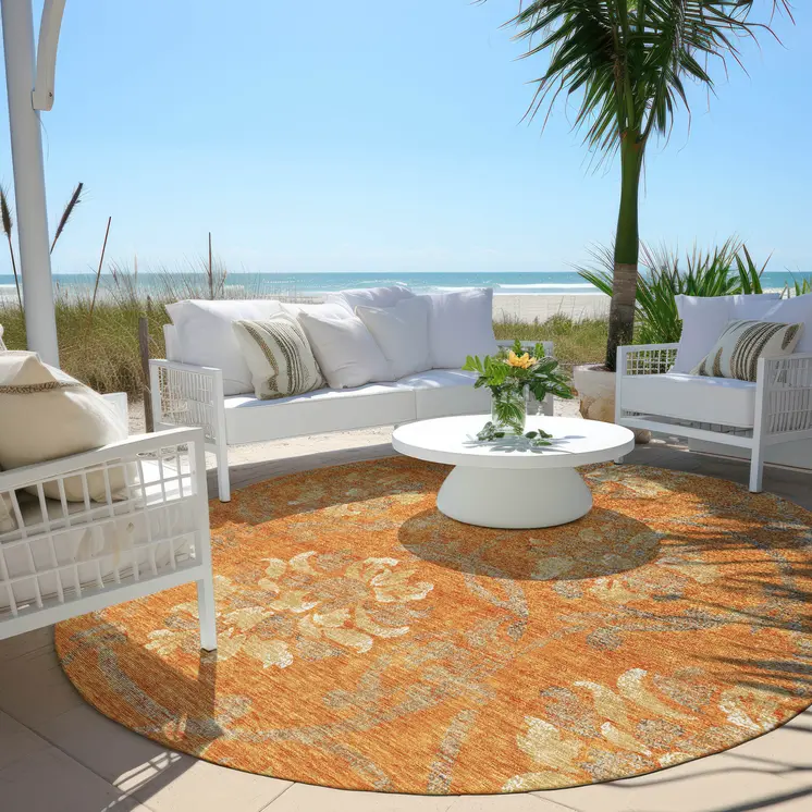 8' Orange Gray And Beige Round Floral Washable Indoor Outdoor Area Rug