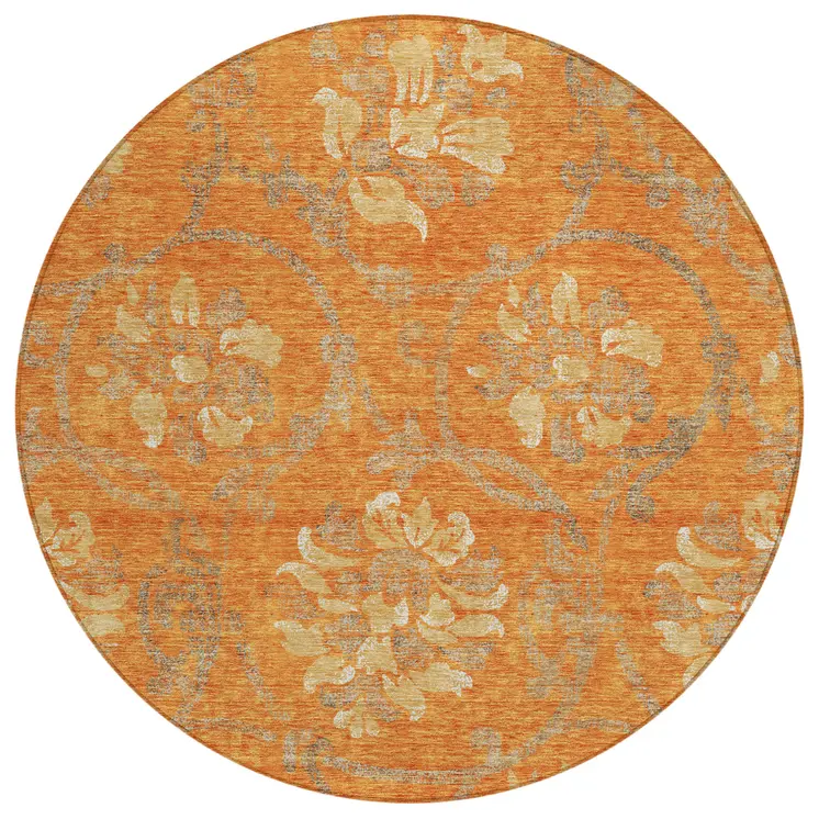 8' Orange Gray And Beige Round Floral Washable Indoor Outdoor Area Rug