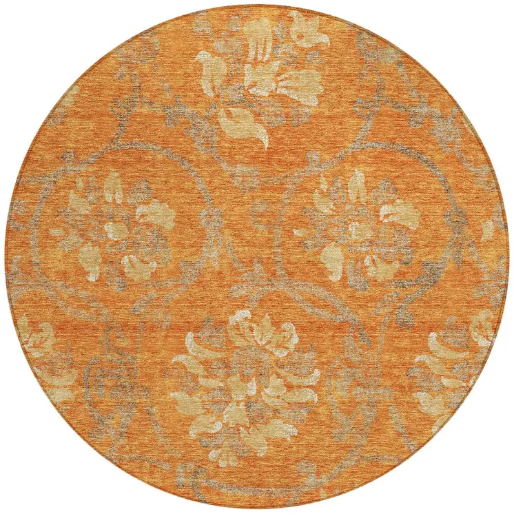 8' Orange Gray And Beige Round Floral Washable Indoor Outdoor Area Rug