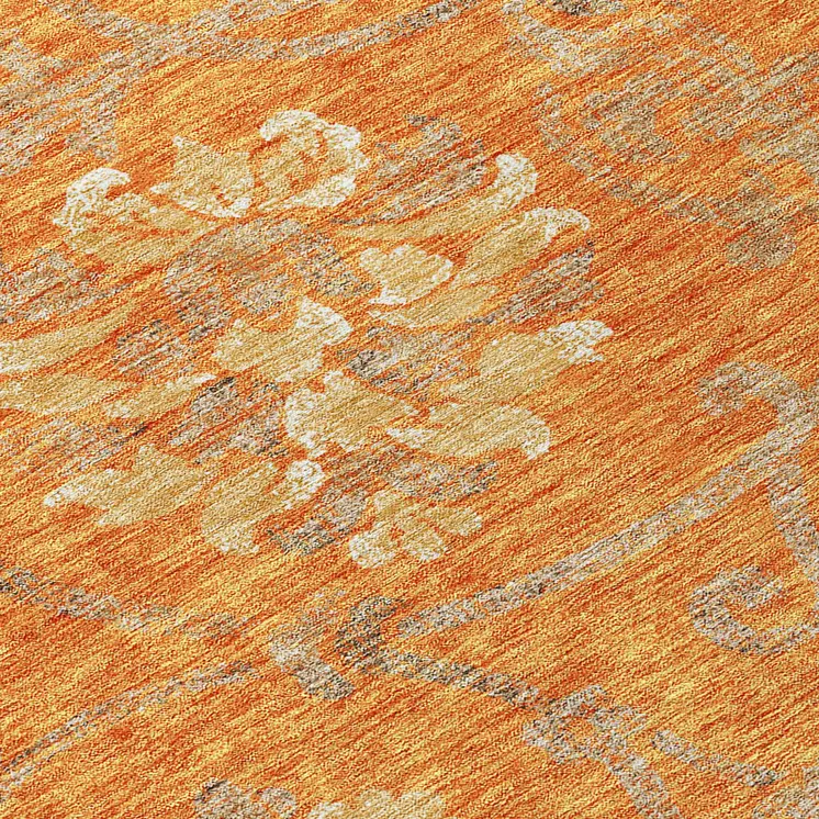8' Orange Gray And Beige Round Floral Washable Indoor Outdoor Area Rug