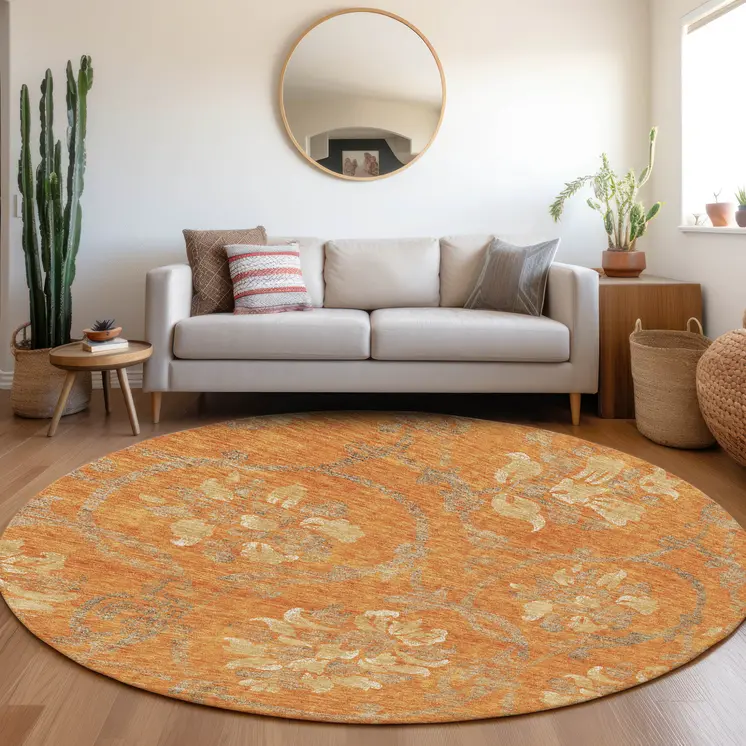 8' Orange Gray And Beige Round Floral Washable Indoor Outdoor Area Rug