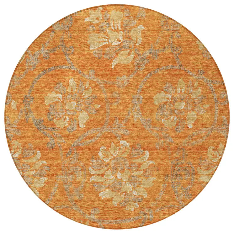 8' Orange Gray And Beige Round Floral Washable Indoor Outdoor Area Rug
