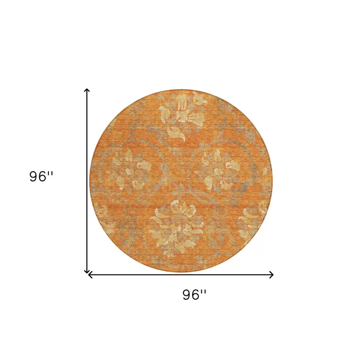 8' Orange Gray And Beige Round Floral Washable Indoor Outdoor Area Rug