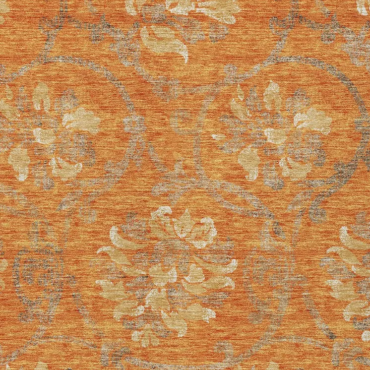 8' X 10' Orange Gray And Beige Floral Washable Indoor Outdoor Area Rug