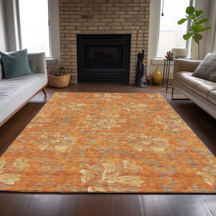 8' X 10' Orange Gray And Beige Floral Washable Indoor Outdoor Area Rug