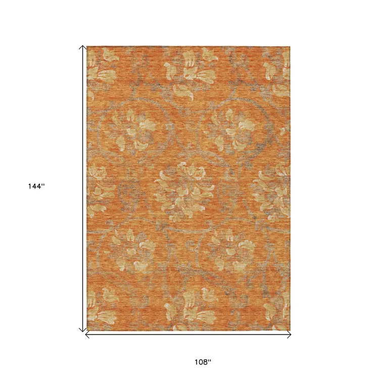 9' X 12' Orange Gray And Beige Floral Washable Indoor Outdoor Area Rug