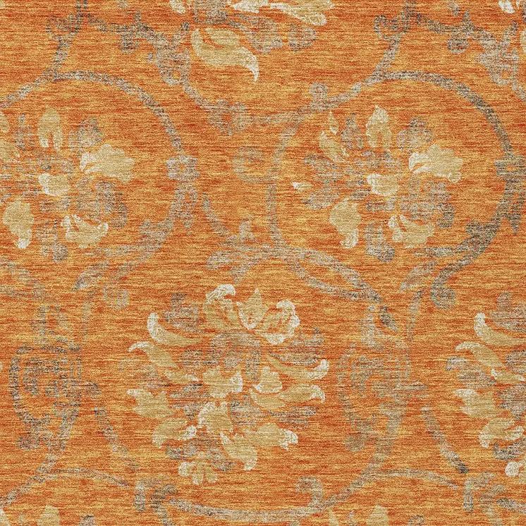 9' X 12' Orange Gray And Beige Floral Washable Indoor Outdoor Area Rug