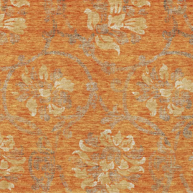 10' X 14' Orange Gray And Beige Floral Washable Indoor Outdoor Area Rug