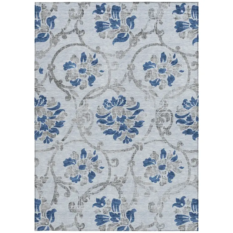 5' X 8' Sky Blue And Gray Floral Washable Indoor Outdoor Area Rug