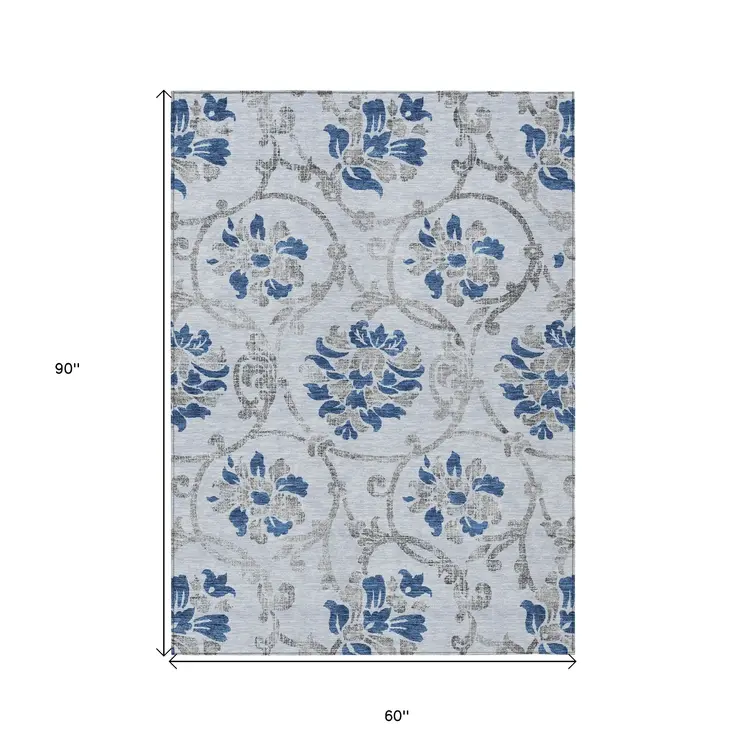 5' X 8' Sky Blue And Gray Floral Washable Indoor Outdoor Area Rug