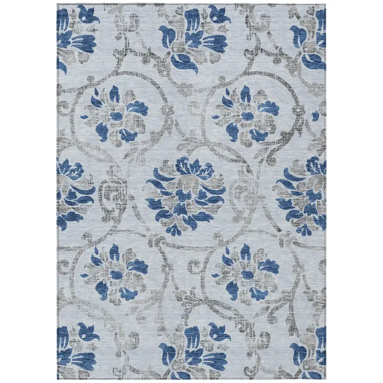 5' X 8' Sky Blue And Gray Floral Washable Indoor Outdoor Area Rug
