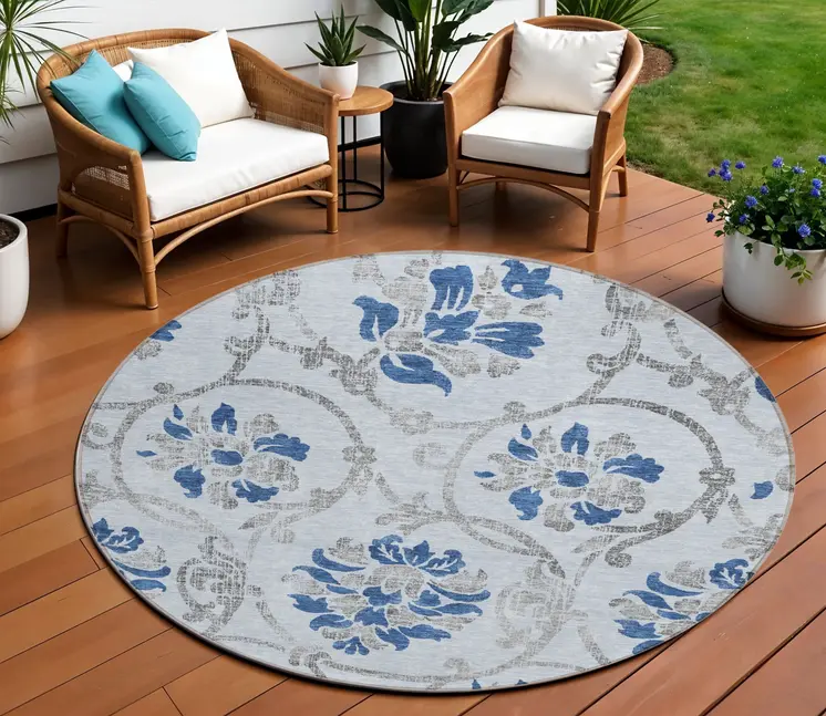 8' Sky Blue And Gray Round Floral Washable Indoor Outdoor Area Rug