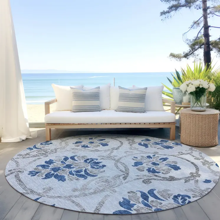 8' Sky Blue And Gray Round Floral Washable Indoor Outdoor Area Rug