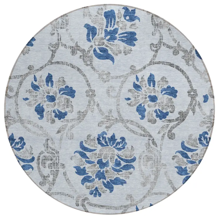 8' Sky Blue And Gray Round Floral Washable Indoor Outdoor Area Rug