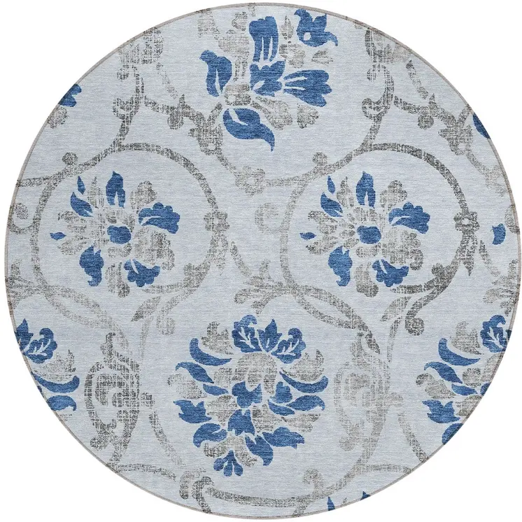 8' Sky Blue And Gray Round Floral Washable Indoor Outdoor Area Rug