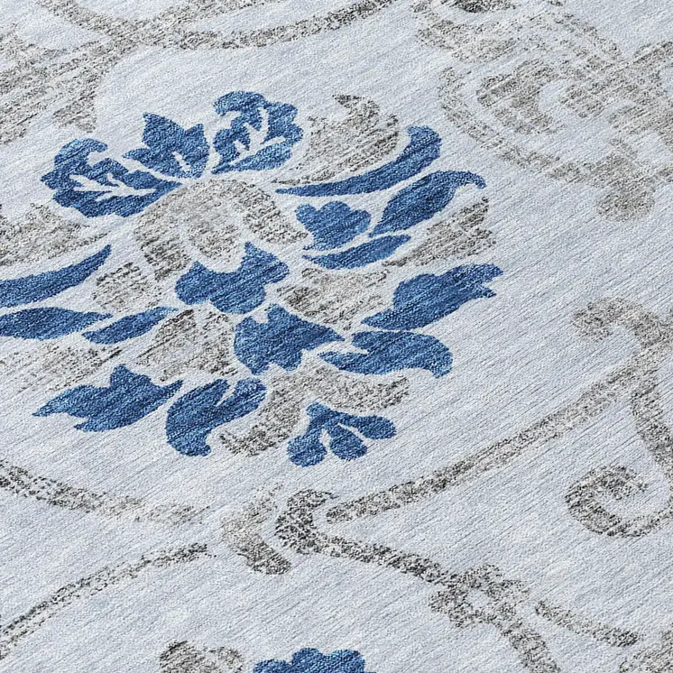 8' Sky Blue And Gray Round Floral Washable Indoor Outdoor Area Rug