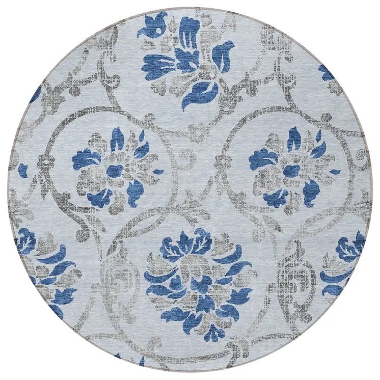 8' Sky Blue And Gray Round Floral Washable Indoor Outdoor Area Rug