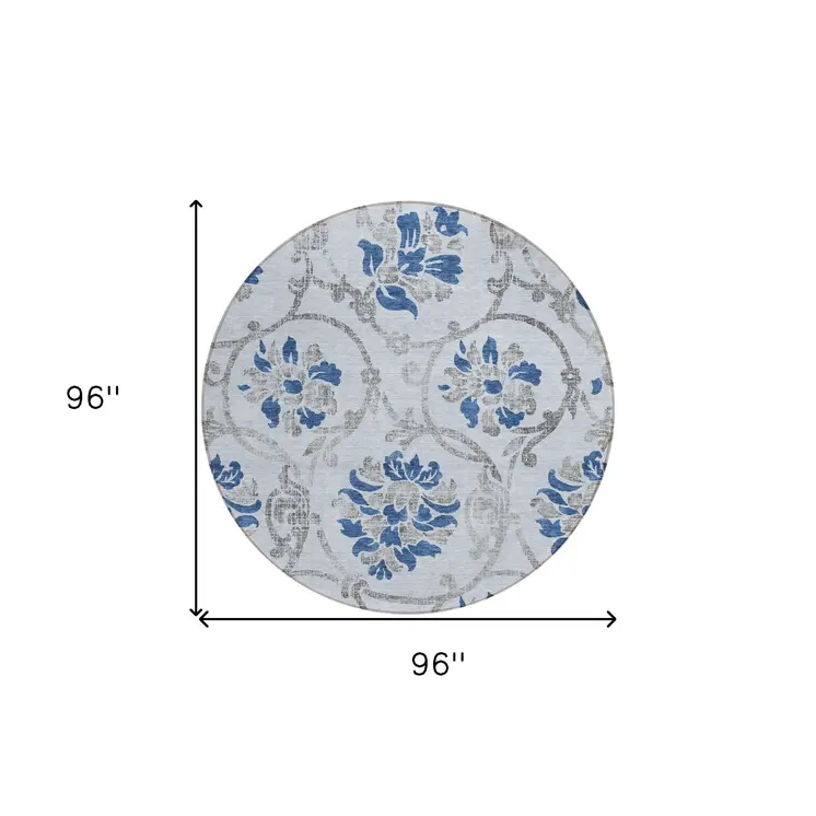 8' Sky Blue And Gray Round Floral Washable Indoor Outdoor Area Rug