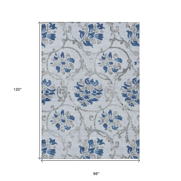 8' X 10' Sky Blue And Gray Floral Washable Indoor Outdoor Area Rug