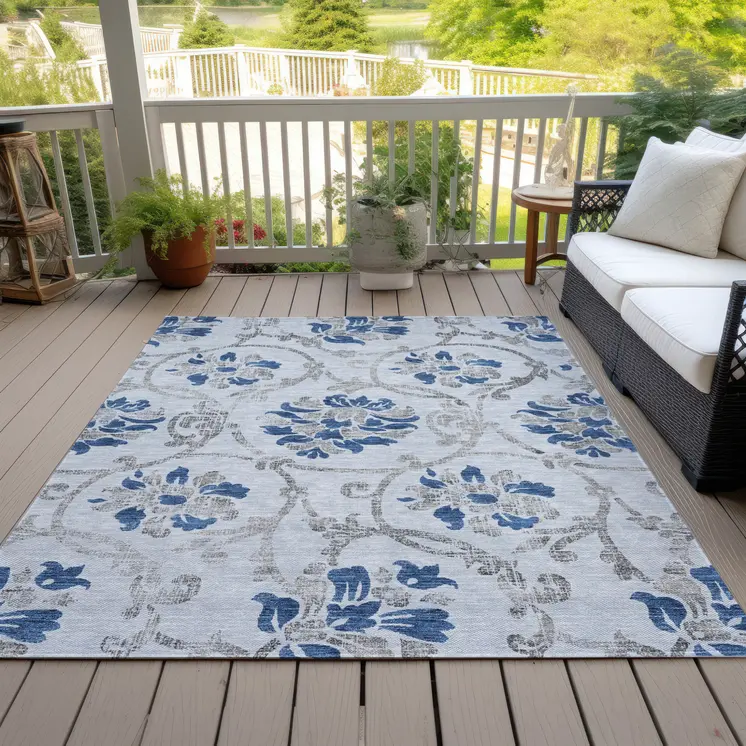 9' X 12' Sky Blue And Gray Floral Washable Indoor Outdoor Area Rug