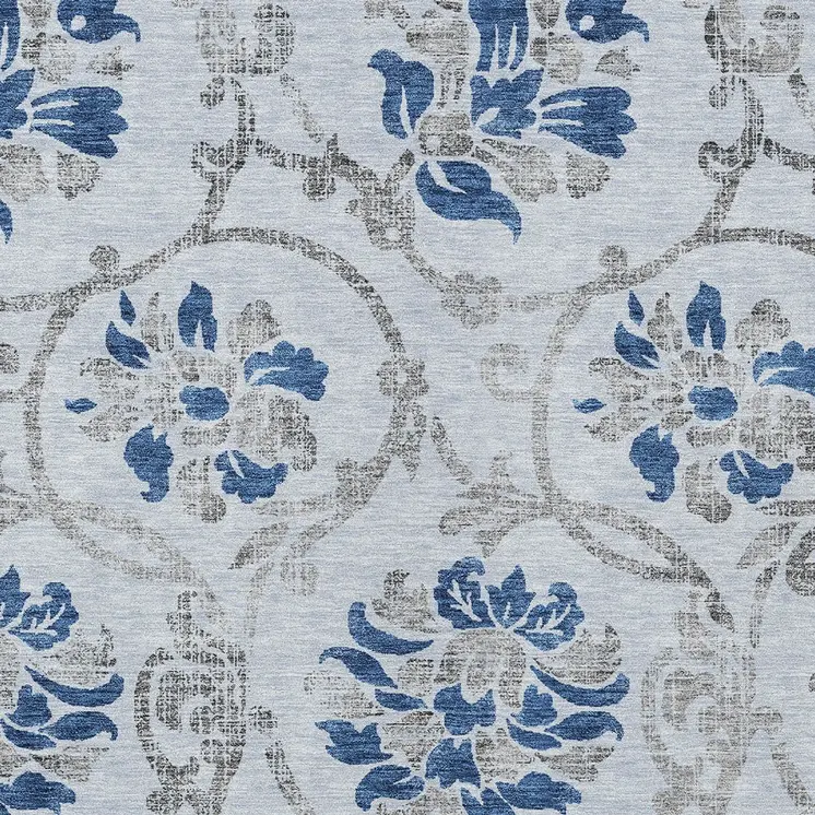 9' X 12' Sky Blue And Gray Floral Washable Indoor Outdoor Area Rug