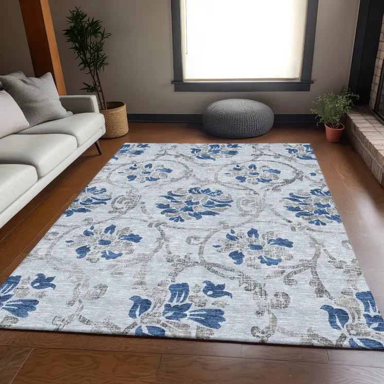 9' X 12' Sky Blue And Gray Floral Washable Indoor Outdoor Area Rug