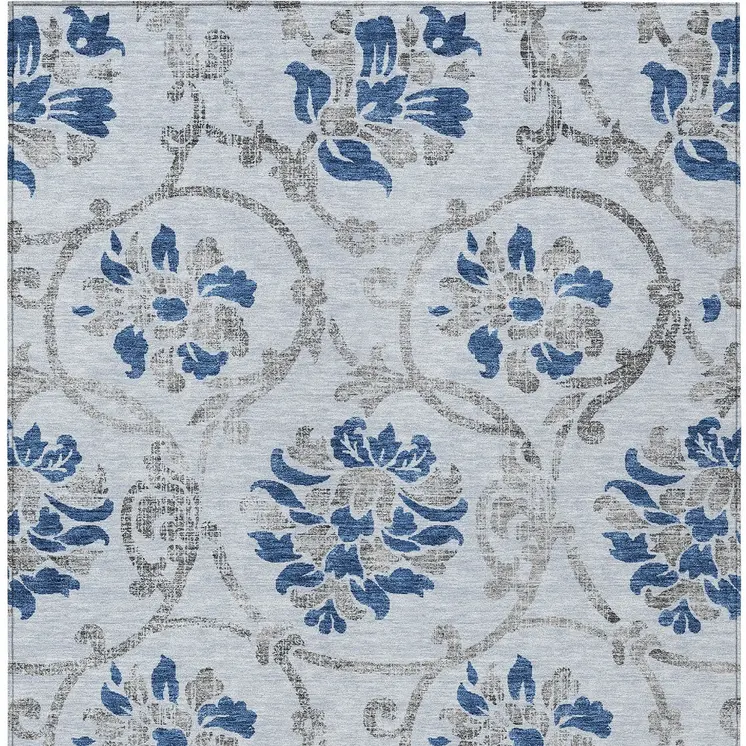 10' X 14' Sky Blue And Gray Floral Washable Indoor Outdoor Area Rug
