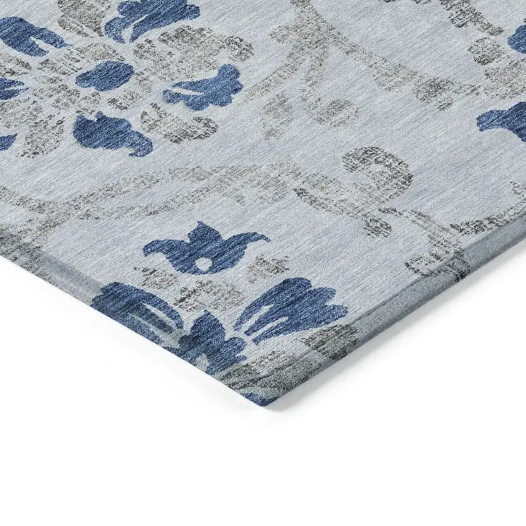 10' X 14' Sky Blue And Gray Floral Washable Indoor Outdoor Area Rug