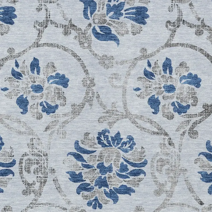 10' X 14' Sky Blue And Gray Floral Washable Indoor Outdoor Area Rug