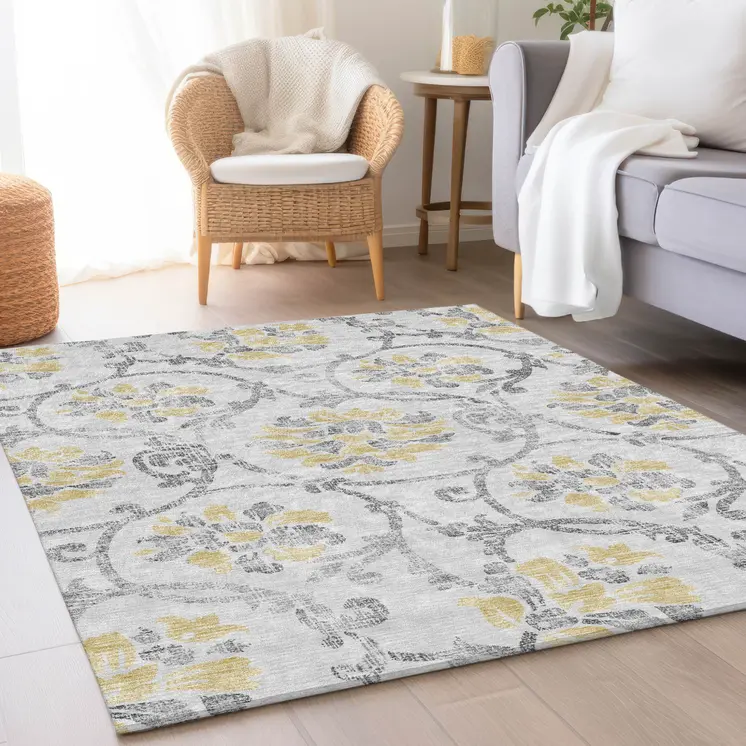3' X 5' Silver Gray And Gold Floral Washable Indoor Outdoor Area Rug