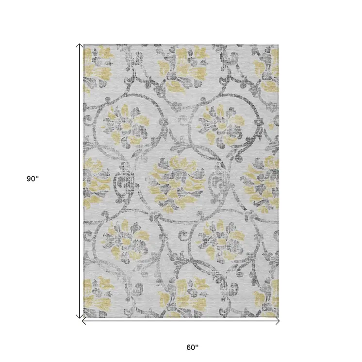 5' X 8' Silver Gray And Gold Floral Washable Indoor Outdoor Area Rug