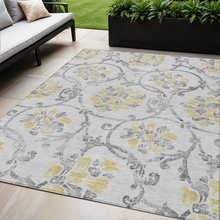 5' X 8' Silver Gray And Gold Floral Washable Indoor Outdoor Area Rug