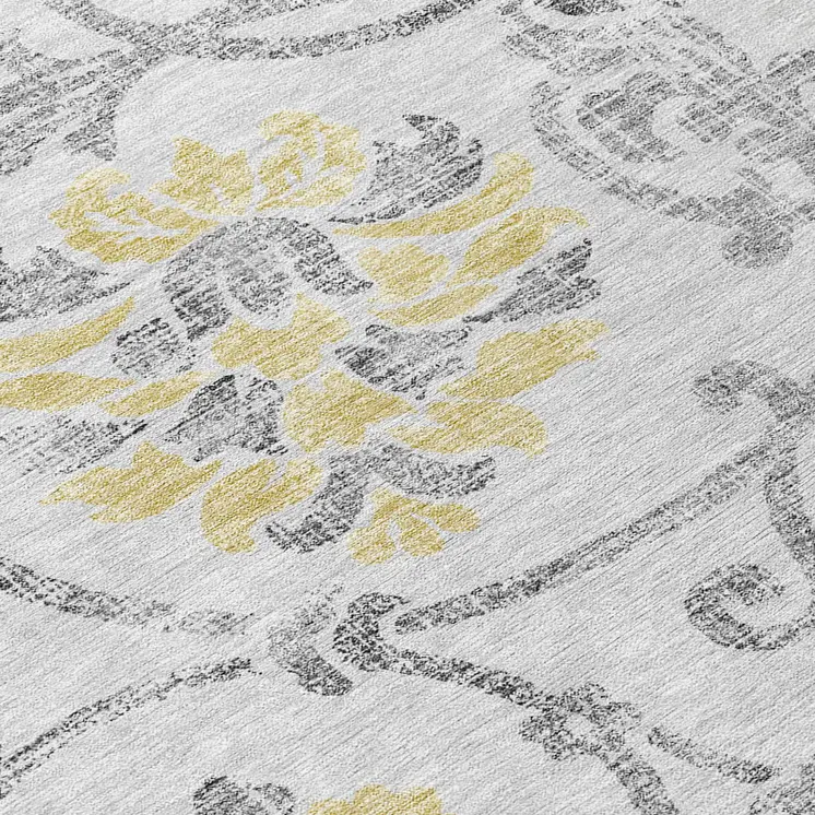 8' Silver Gray And Gold Round Floral Washable Indoor Outdoor Area Rug