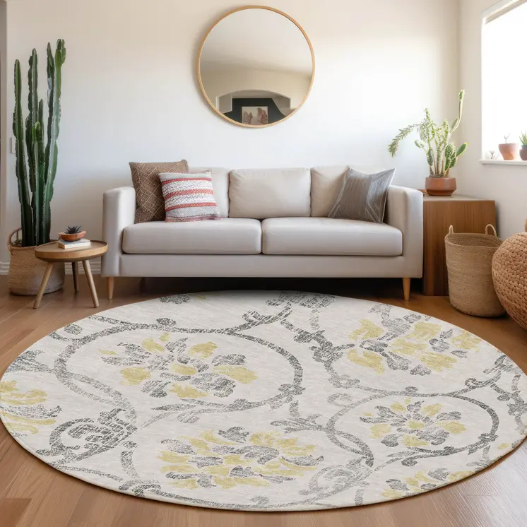 8' Silver Gray And Gold Round Floral Washable Indoor Outdoor Area Rug