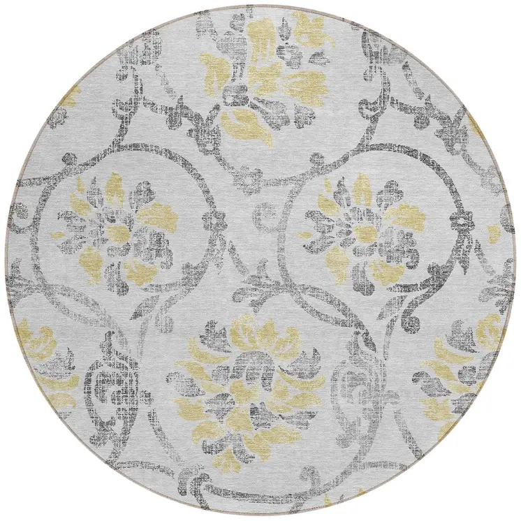 8' Silver Gray And Gold Round Floral Washable Indoor Outdoor Area Rug