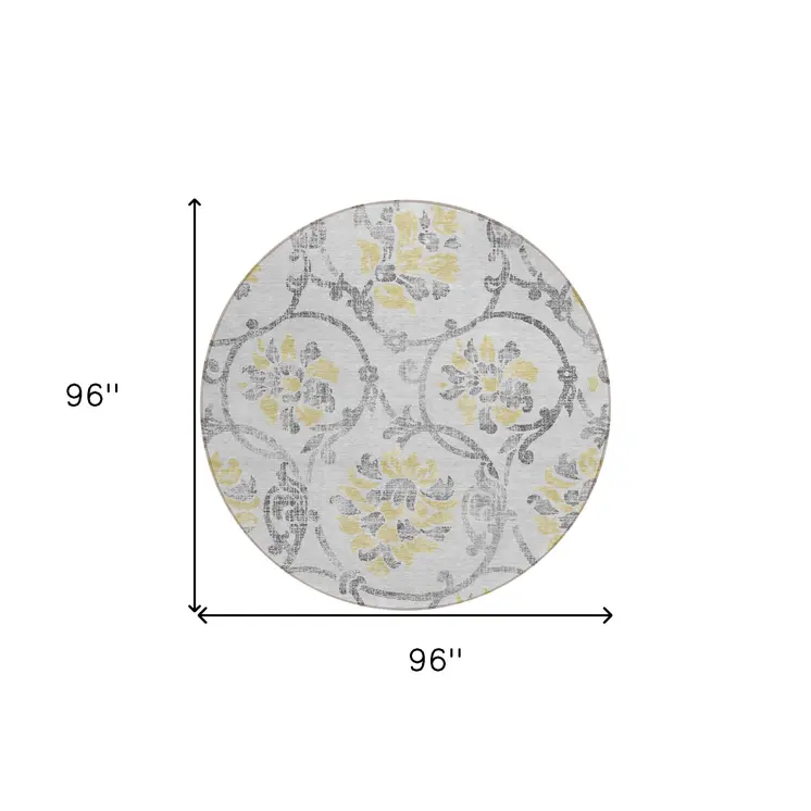 8' Silver Gray And Gold Round Floral Washable Indoor Outdoor Area Rug
