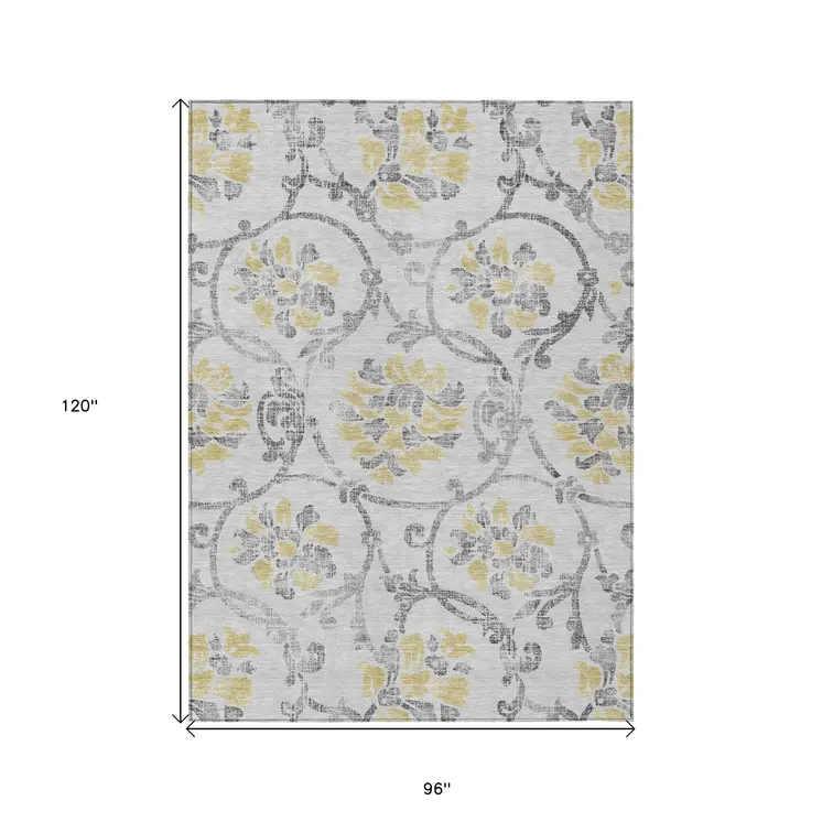 8' X 10' Silver Gray And Gold Floral Washable Indoor Outdoor Area Rug