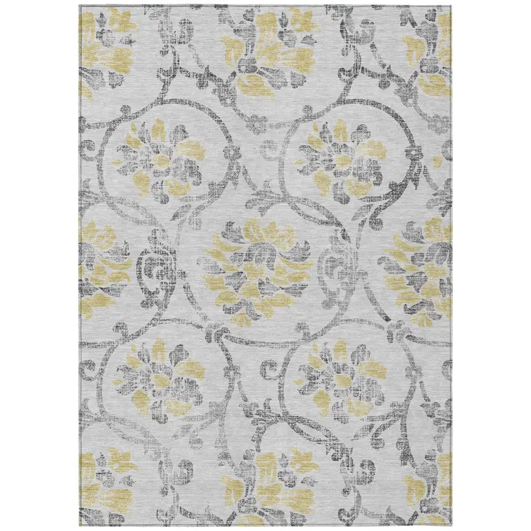 8' X 10' Silver Gray And Gold Floral Washable Indoor Outdoor Area Rug