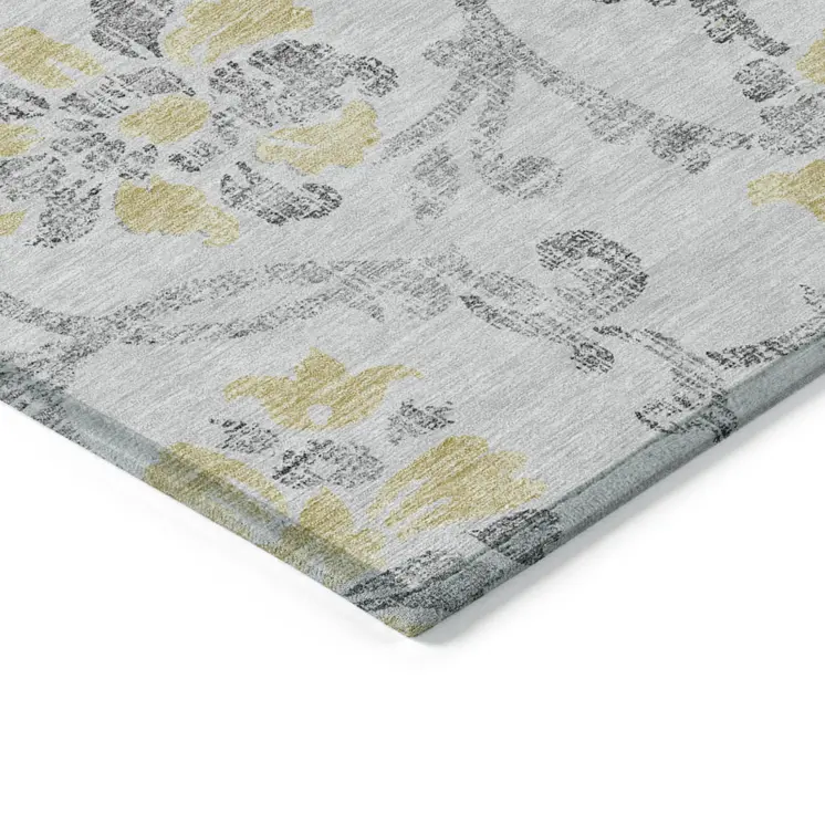 8' X 10' Silver Gray And Gold Floral Washable Indoor Outdoor Area Rug