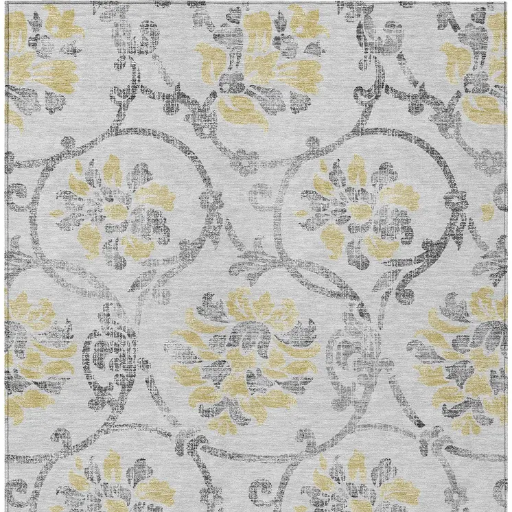 10' X 14' Silver Gray And Gold Floral Washable Indoor Outdoor Area Rug