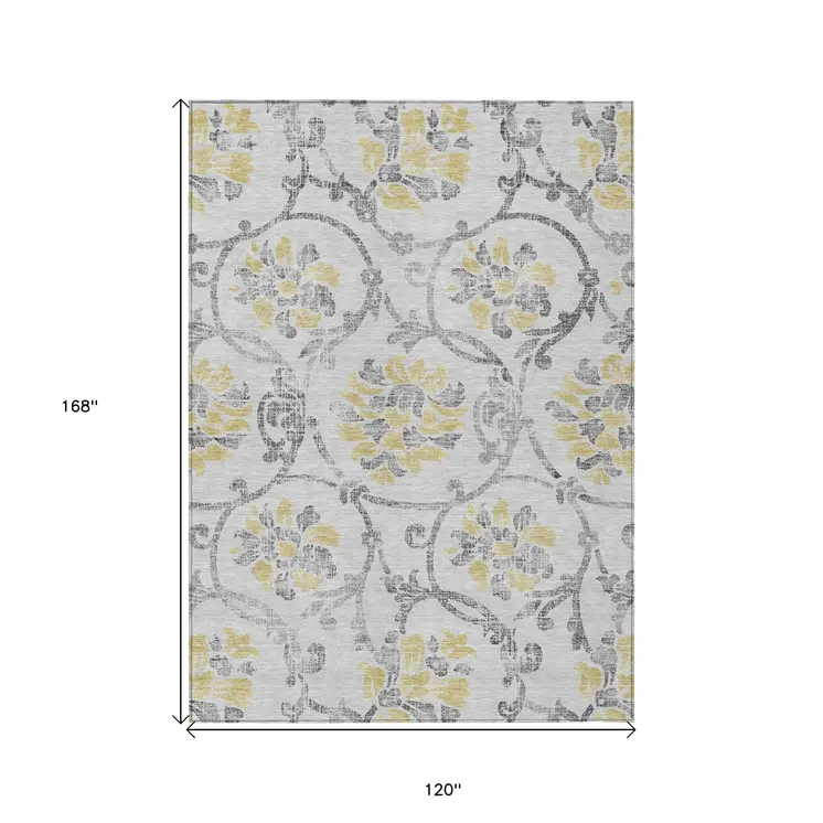 10' X 14' Silver Gray And Gold Floral Washable Indoor Outdoor Area Rug