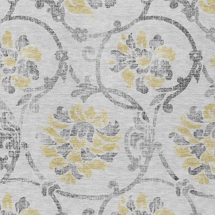 10' X 14' Silver Gray And Gold Floral Washable Indoor Outdoor Area Rug