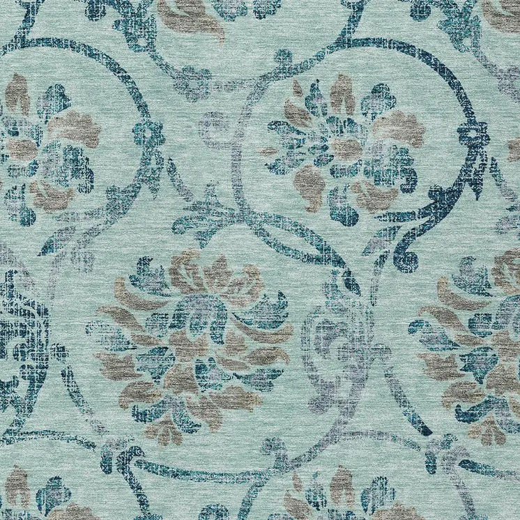 3' X 5' Teal Blue Gray And Aqua Floral Washable Indoor Outdoor Area Rug
