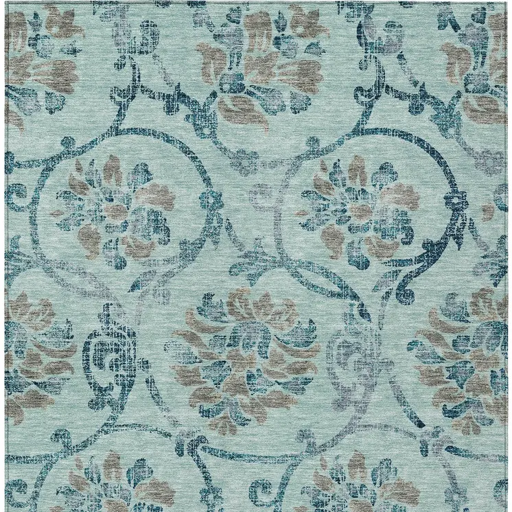 5' X 8' Teal Blue Gray And Aqua Floral Washable Indoor Outdoor Area Rug