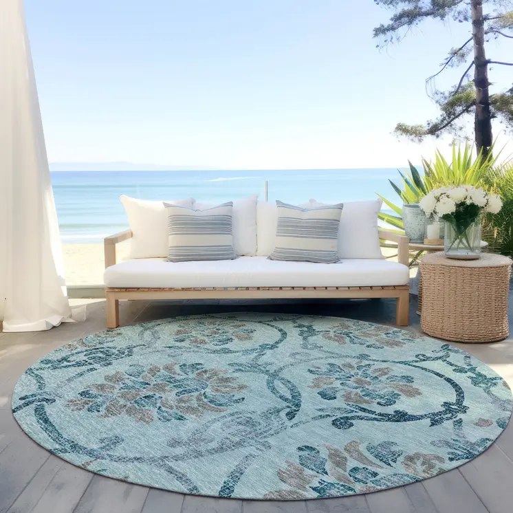 8' Teal Blue Gray And Aqua Round Floral Washable Indoor Outdoor Area Rug
