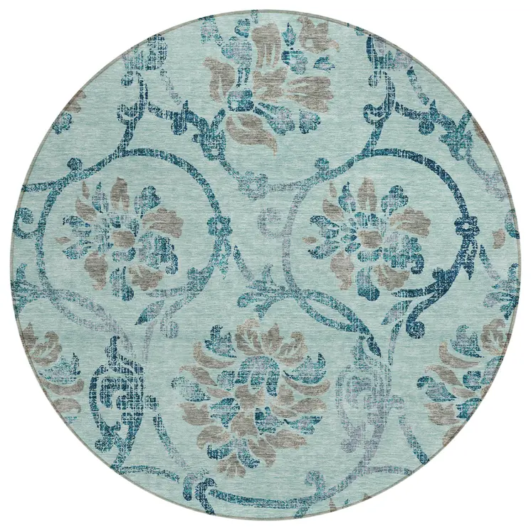 8' Teal Blue Gray And Aqua Round Floral Washable Indoor Outdoor Area Rug