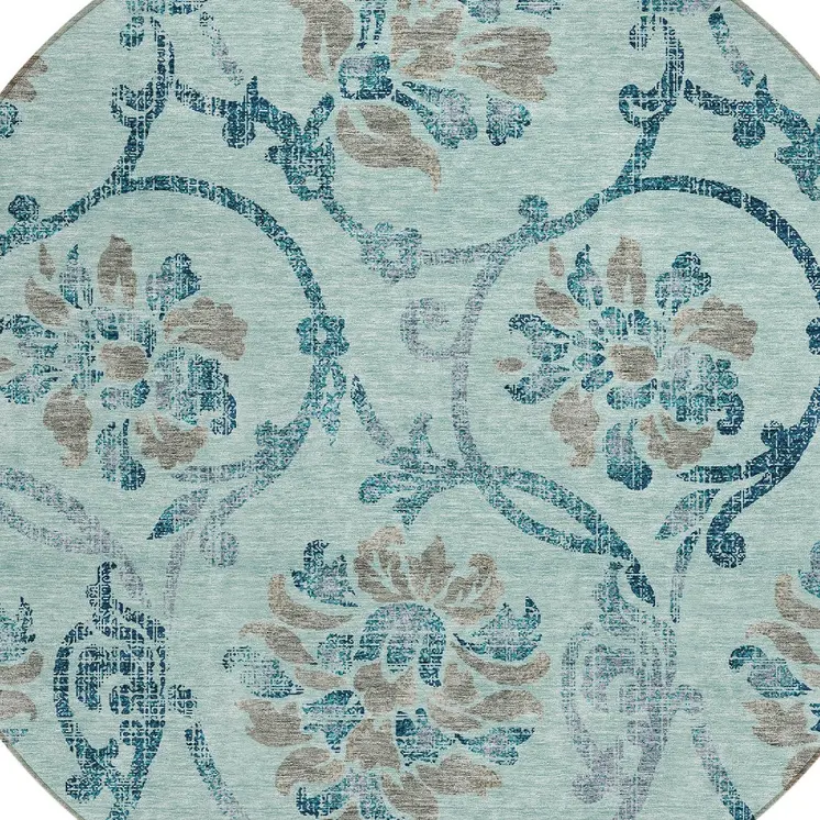 8' Teal Blue Gray And Aqua Round Floral Washable Indoor Outdoor Area Rug